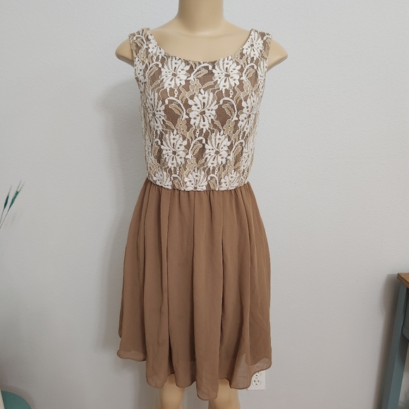 Alythea Dresses & Skirts - Elegant Lace Overlay Dress - Cream and Brown